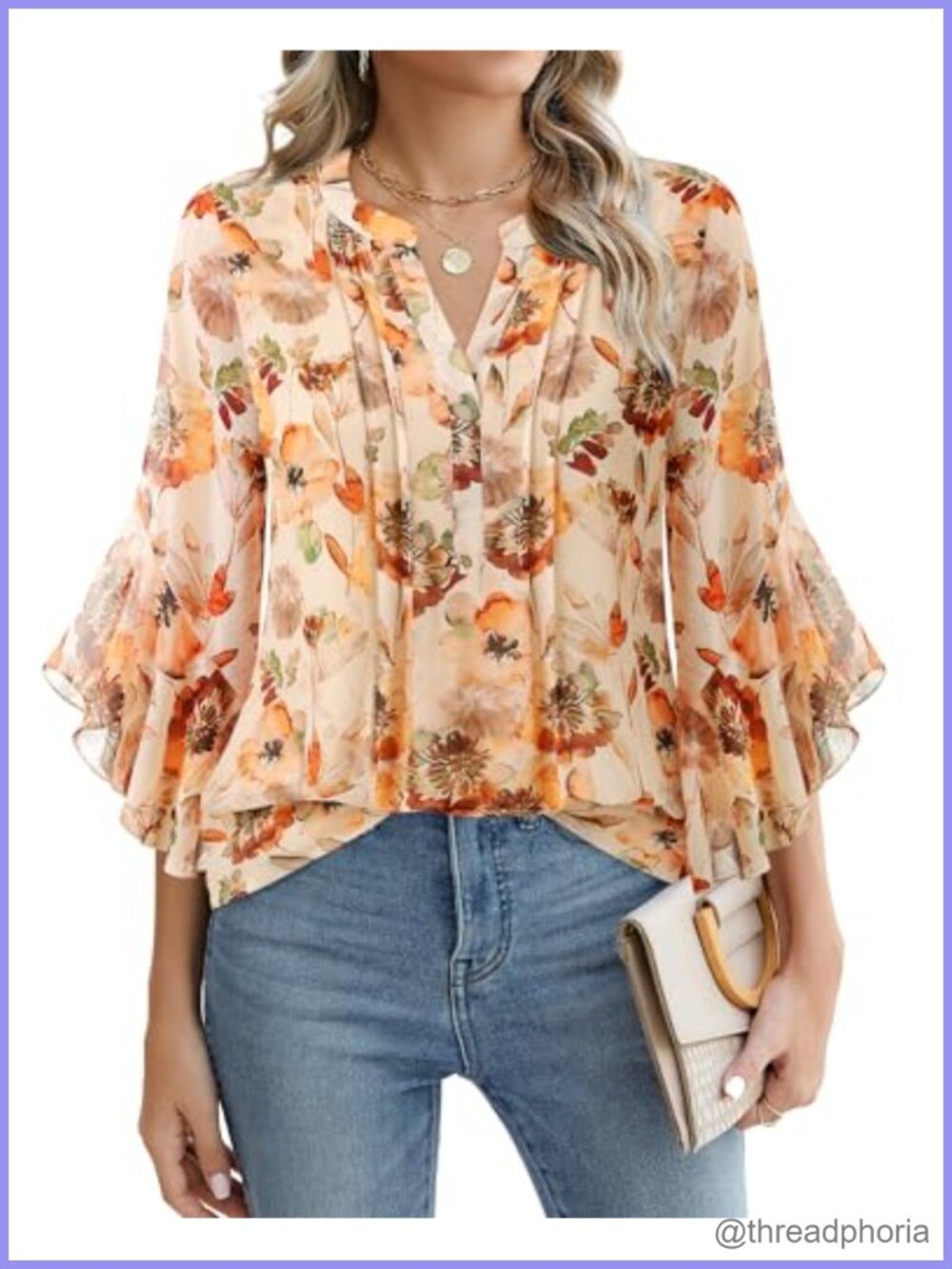 Women's 3/4 Ruffle Sleeve Pleated Henley V-Neck Chiffon Tunic Top